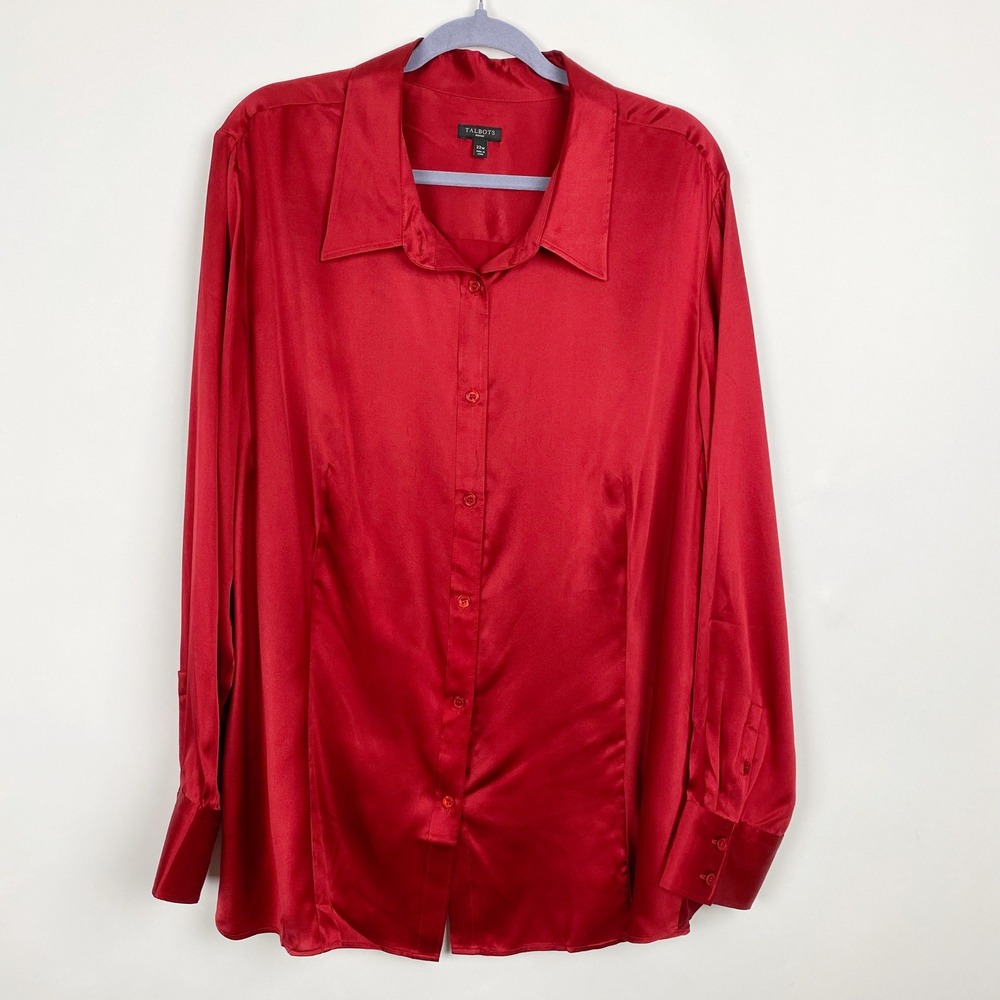 Talbots 100% Silk Button Front Long Sleeve Blouse Plus Womens 22W Red NWOT